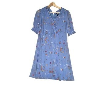 DKNY Blue Floral Shift Dress Size 4 Tie Bow Neck Ruffle Holiday Christmas Gift